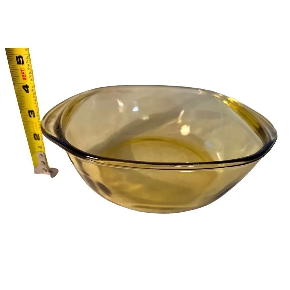 2 VTG MCM Amber Yellow Mexico Glass Casserole Dish Ovenware Baking Bowls #21 &16
